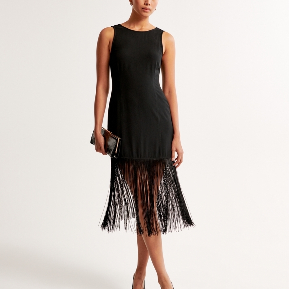 Abercrombie & Fitch Black Fringe Midi Dress